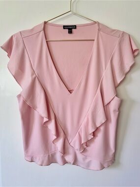 Express| Pink Ruffle Stretch Knit V-Neck Cap Sleeve Top/Blouse Sz M